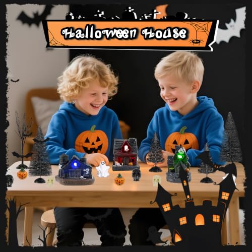 Halloween Village Set with Miniature Houses, Pumpkins & Spiders - 51PCS