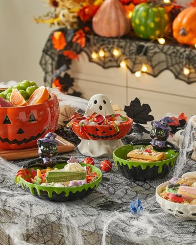 Halloween Cauldron Candy Bowl - Ceramic Black Cat, Purple Black Variation, 8 Inch