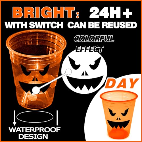 Halloween Glow Pumpkin Party Cups - 40 Pack 16oz Reusable Orange Plastic Cups with LED Lights