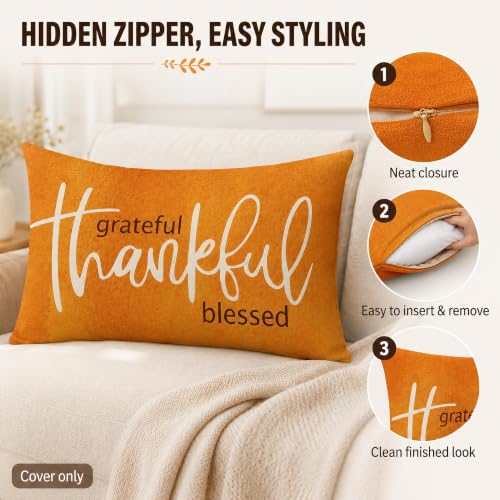 Thanksgiving Thankful Rectangle Lumbar Throw Pillow Cover - Orange, 12x20, Farmhouse Decor