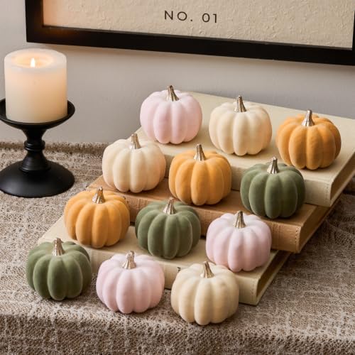 Mini Fall Pumpkin Decor Set - 12 Pastel Velvet Pumpkins with Variations Pink, Orange, Green & White