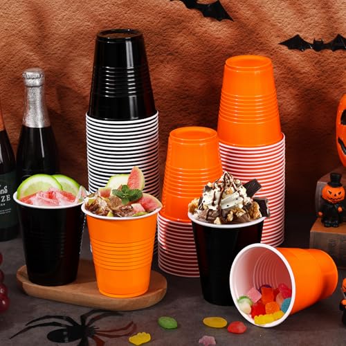 Halloween Fall Plastic Cups Bulk 100 pcs - Black & Orange 12oz Disposable Party Drinkware with Variation Black & Orange / 100