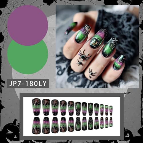 Halloween Fake Nails - 32 Medium Square Press-On Nail Designs for Women - Pumpkin & Spider Web