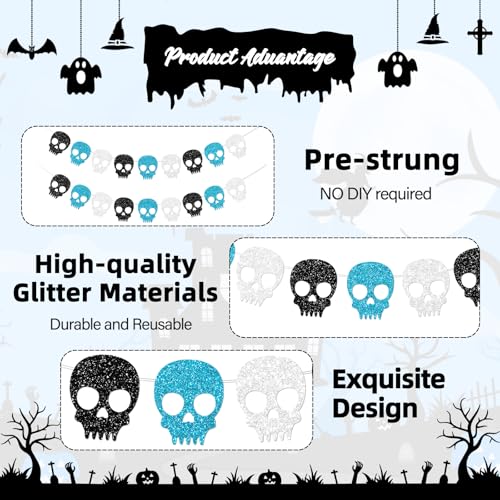 Blue Skull Garland for Halloween Party Decorations Gothic Birthday Banner - 2PCS