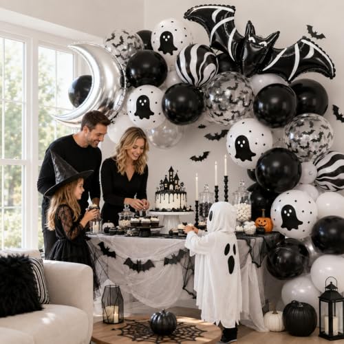 Black Silver Halloween Balloons Set with Ghost, Bat & Moon Foil - Party Decorations