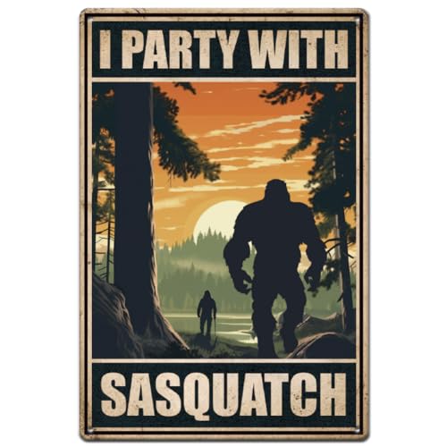 Camping Tin Sign - Funny Sasquatch Party Wall Art - Outdoor & Man Cave Decor - Variation: I Party with Sasquatch