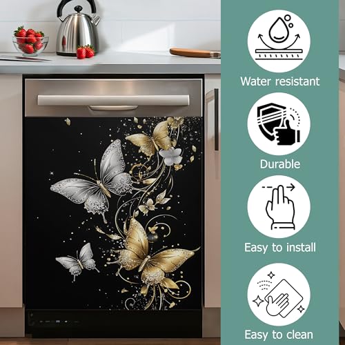Magnetic Dishwasher Cover Decal Gold Silver Butterfly - Kitchen Decor 23x26 Inch