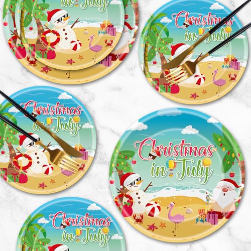 Christmas in July Plates Set - 24 Blue Summer Themed Paper Dinner & Dessert Plates