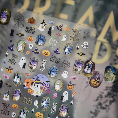 Halloween Ghost Pumpkin Nail Stickers - Metallic Outline Nail Art Decals - Variation29