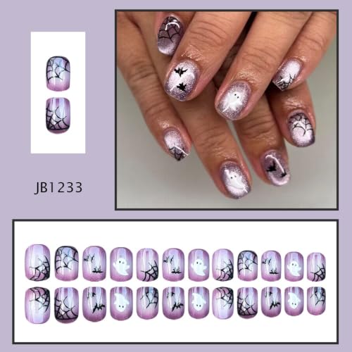 Halloween Short Square Press On Nails with Ghost & Cat Eye Design - Variation 47