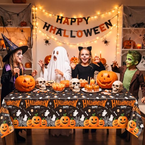 Halloween Plastic Tablecloths - Spooky Pumpkin Design, 3 Pack