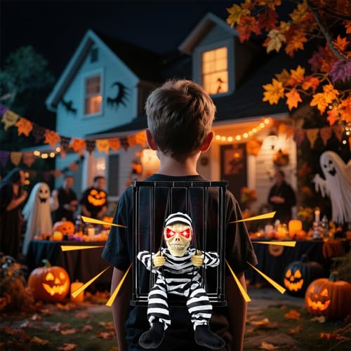 Scary Skeleton Cage Halloween Decor with Motion Sensor, Haunted House Prop