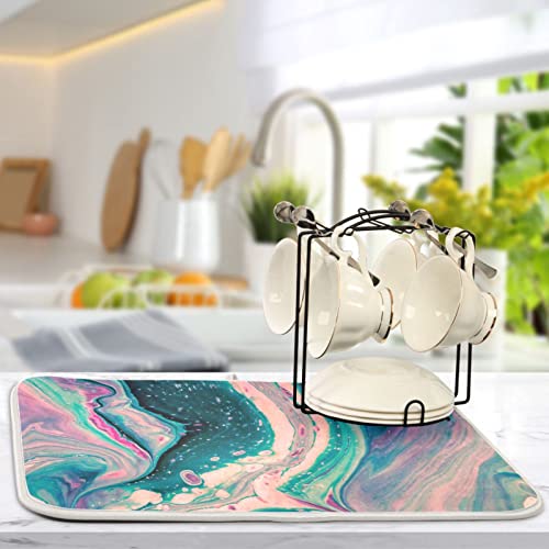 Super Absorbent Microfiber Dish Drying Mat 24x18 Inches - Marble Pink Green - Flexible & Quick-Drying Kitchen Pad with Hang Loop
