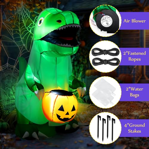 6 Ft Halloween Inflatable Ghost Dinosaur with Pumpkin LED Decor - Spooky Yard Decoration