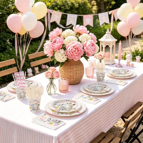 Pink Cat Birthday Party Plate Set for Kids - Serves 25 Guests, Disposable Tableware Kit