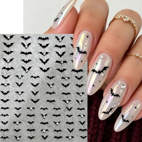 Halloween Nail Stickers Rhinestone Bat Design for Nail Art - 3 Sheets, Black White Red, Cute 5D Embossed Bats, Gothic Fall Decor, Rhinestones Bats Variation
