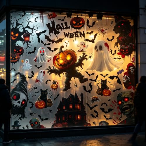 Halloween Window Clings Set - Spooky Castle Bat Web Bloody Stickers for Indoor Outdoor Glass Decor