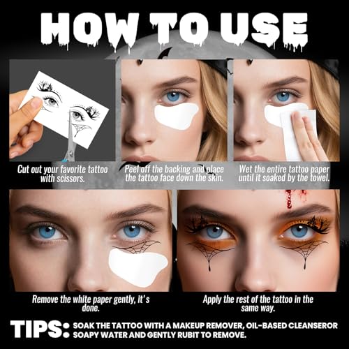 Halloween Eye Shadow Temporary Tattoos for Adults - Black, 20 Pairs, Easy Application
