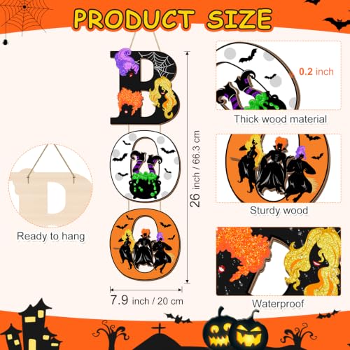 Halloween Wooden Door Sign Decorations - Spooky Witch Sisters, Bat & Cauldron Wall Plaque Set