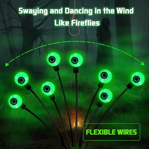 Outdoor Solar Eyeball Lights 4 Pack - Green Swaying Firefly Halloween Decor