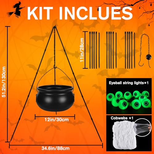 Outdoor Halloween Witch Cauldron with Tripod and Glowing Eyeballs - Spooky Yard Decor