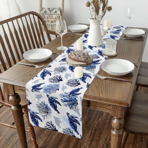 Sea Turtle Table Runner 90x13 Inch Ocean Table Decor - Jejeloiu
