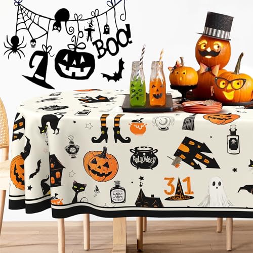 Oval Halloween Tablecloth 60x120 Inch - Horror Pumpkin Castle Skull Waterproof Polyester