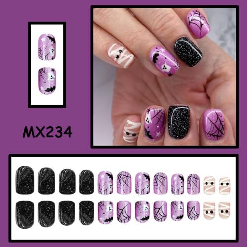 Halloween Short Square Press-On Nails - Purple Cat Eye Style-01, 24Pcs