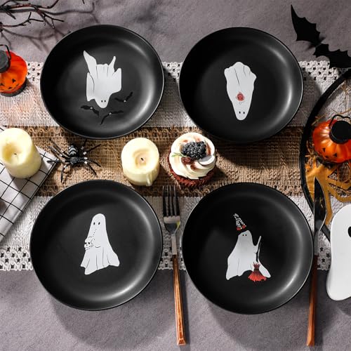 Halloween Ghost Ceramic Plates - Set of 4 Matte Black Decorative Dinnerware