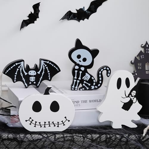 Halloween Wooden Tiered Tray Decorations Set - Ghost Bat Pumpkin Cat Blocks