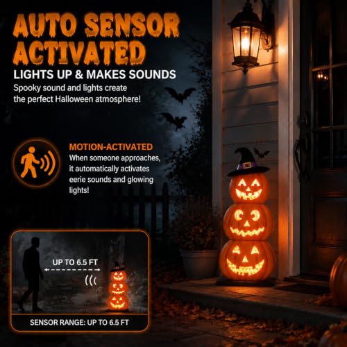 Orange LED Pumpkin Decor with Spooky Sound & Lights - Halloween Porch Sign
