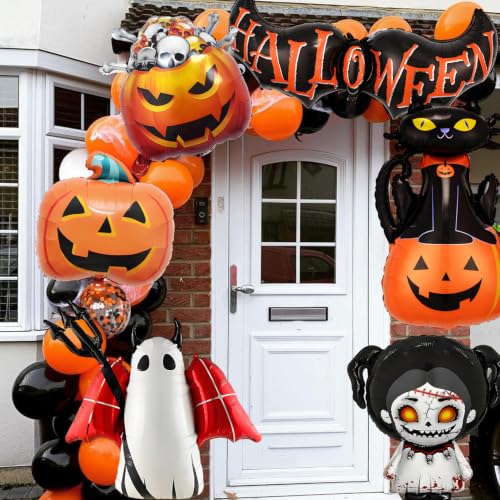 Halloween Foil Balloons Set with Ghost, Pumpkin, Skull & Cat Decorations