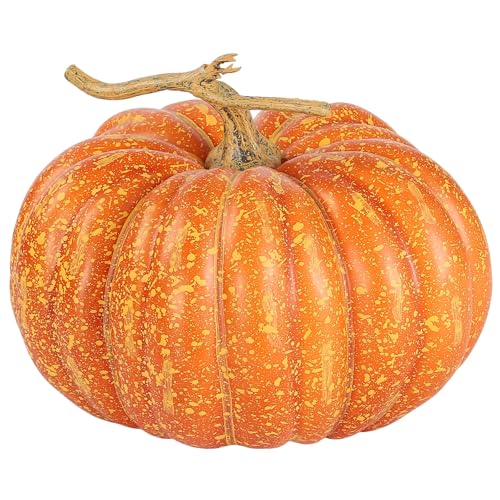 Large Artificial Pumpkin - Rustic Orange Foam Decor with Hand-Painted Details - Round 10.8 Inch Variation