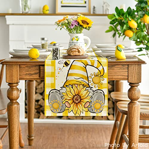 Yellow Buffalo Plaid Sunflower Gnome Table Runner 13x72 Inch for Kitchen & Dining