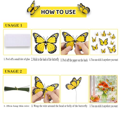 Yellow Monarch Butterfly Decor Set - 48pcs with 4 Sizes & Magnet Attachments