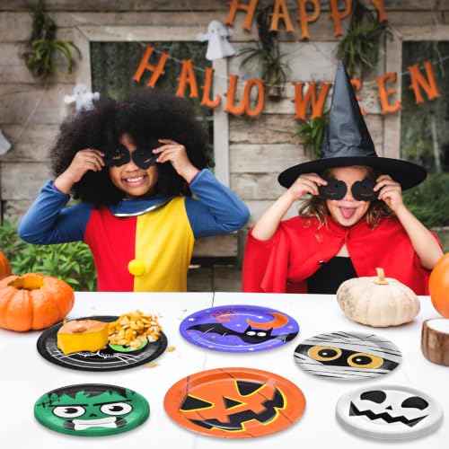 Halloween Party Plates Set - 48 Disposable Paper Plates with Cat, Pumpkin, Bat & Skull Designs