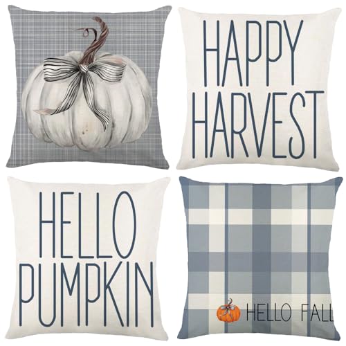Blue Fall Pillow Covers Set - 18x18in Gray & Blue Buffalo Plaid Farmhouse Decor - Bule