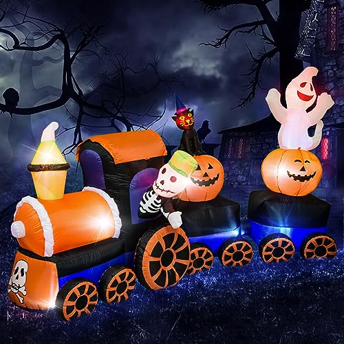 9 Feet Halloween Inflatable Train with Kittens, Ghosts & Pumpkins – Outdoor Decor