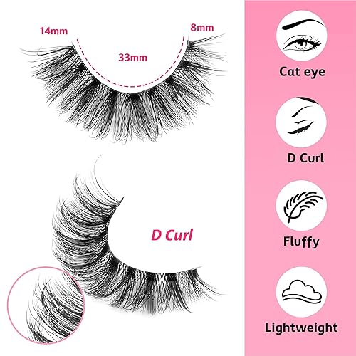 Cat Eye Lashes Fluffy D Curly False Eyelashes 14mm 3D Wispy Strips - 10 Pairs