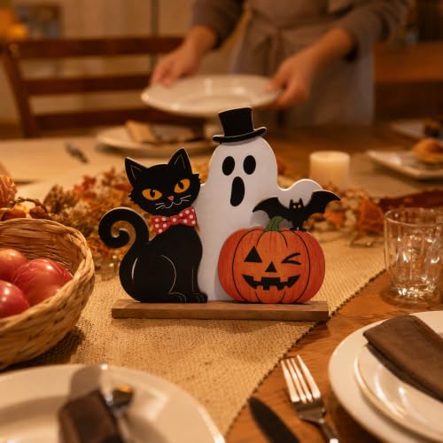 Halloween Wooden Tabletop Decor - Top Hat Ghost, Black Cat, Pumpkin & Bat