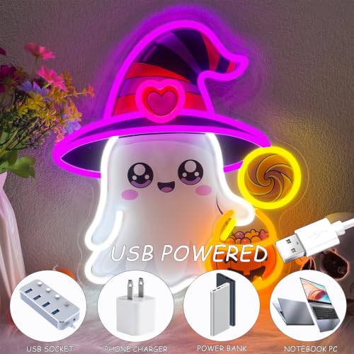 Halloween Ghost Neon Sign Dimmable with Witch Hat - Colorful LED Light