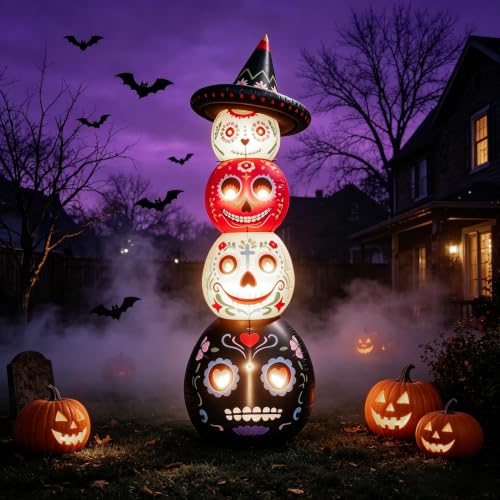 7 Ft Halloween Inflatable Decor with LED Lights, Day of the Dead Sugar Skull Tower