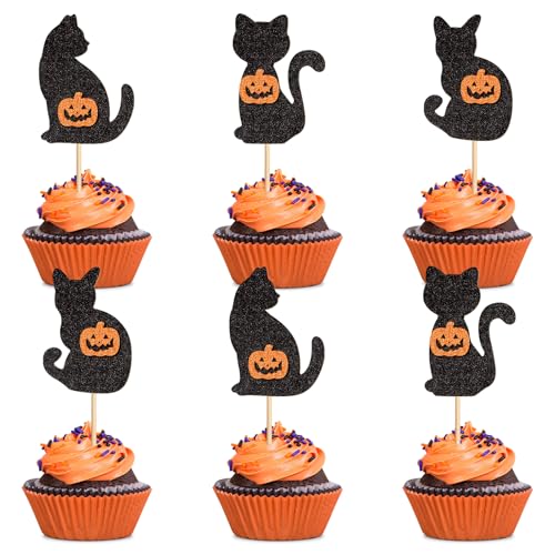 Halloween Cat Cupcake Toppers Pumpkin Kitty Set - 24 Pcs