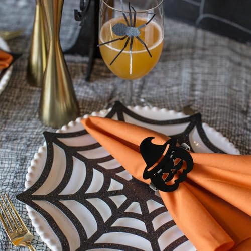 Halloween Napkin Rings Set of 12 - Black Pumpkin with Hat Metal Holders - Fall Party Decor