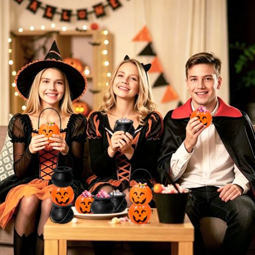 36 Pcs Halloween Mini Candy Cauldrons - Black and Pumpkin Plastic Buckets