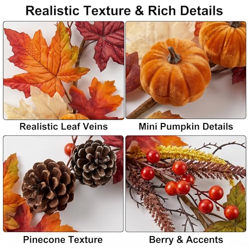 6FT Autumn Maple Leaf Garland with Pumpkins Pinecones & Berries - Fall Decor for Thanksgiving & Farmhouse Style