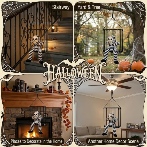 Scary Skeleton Cage Halloween Decor with Motion Sensor and Glowing Red Eyes