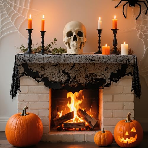 Halloween Mantle Scarf Black Lace Spiderweb Fireplace Decor with Bat Variation - 18 x 83 Inches