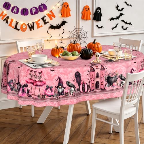 Elegant Pink Halloween Oval Tablecloth 60 x 102 Inch for Parties & Dining - Ghost Pumpkin Web Design