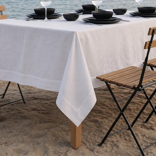 White Linen Tablecloth 54x72 Inches - Handcrafted Pure European Flax